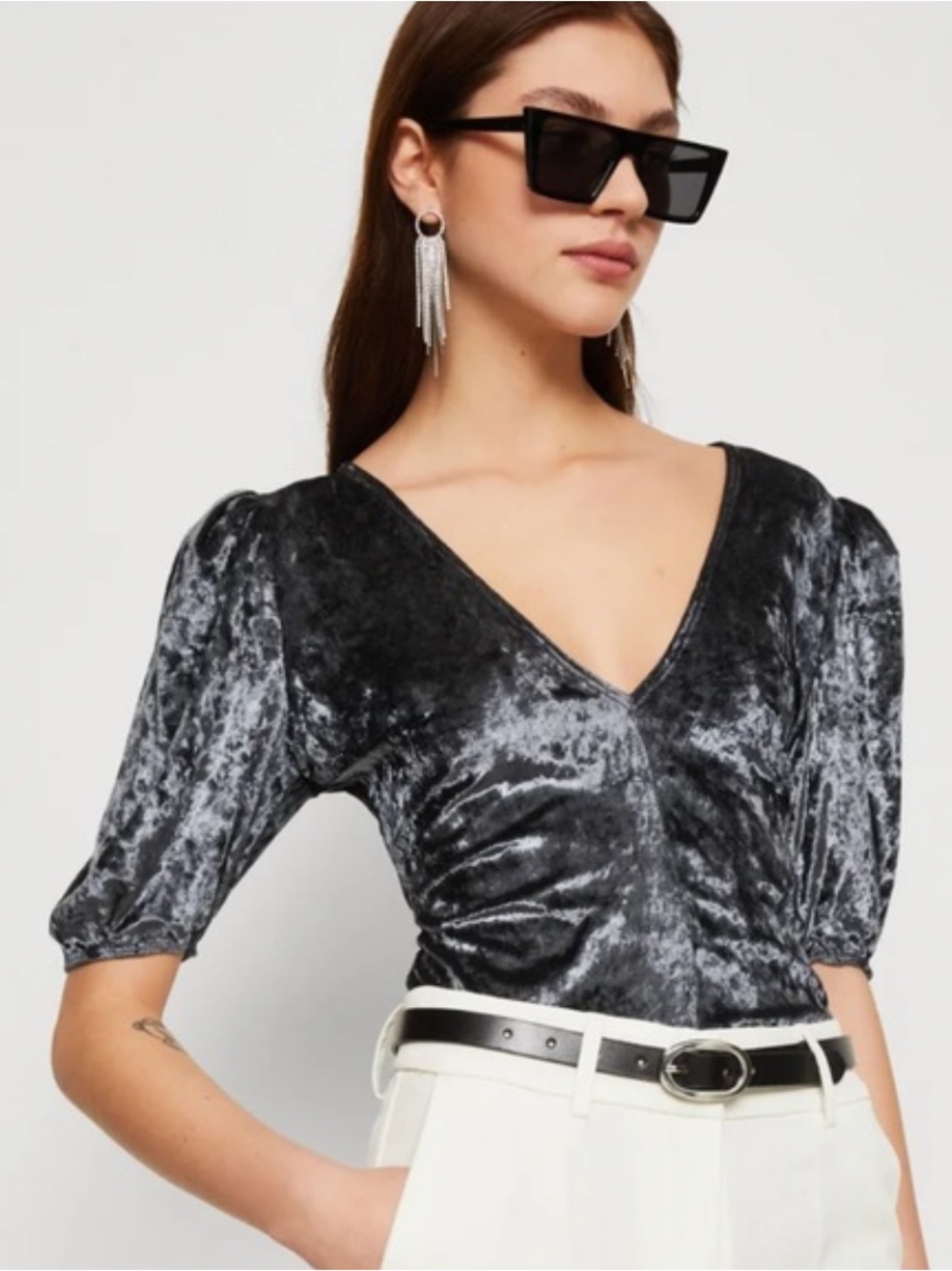 Free People Don’t You Wish Velvet Bodysuit Black Puff Sleeve NWT M